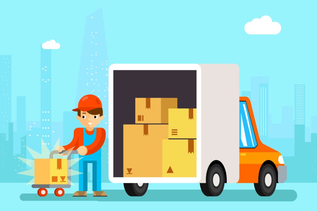 A team from a professional movers and packers company carefully loading a moving truck.